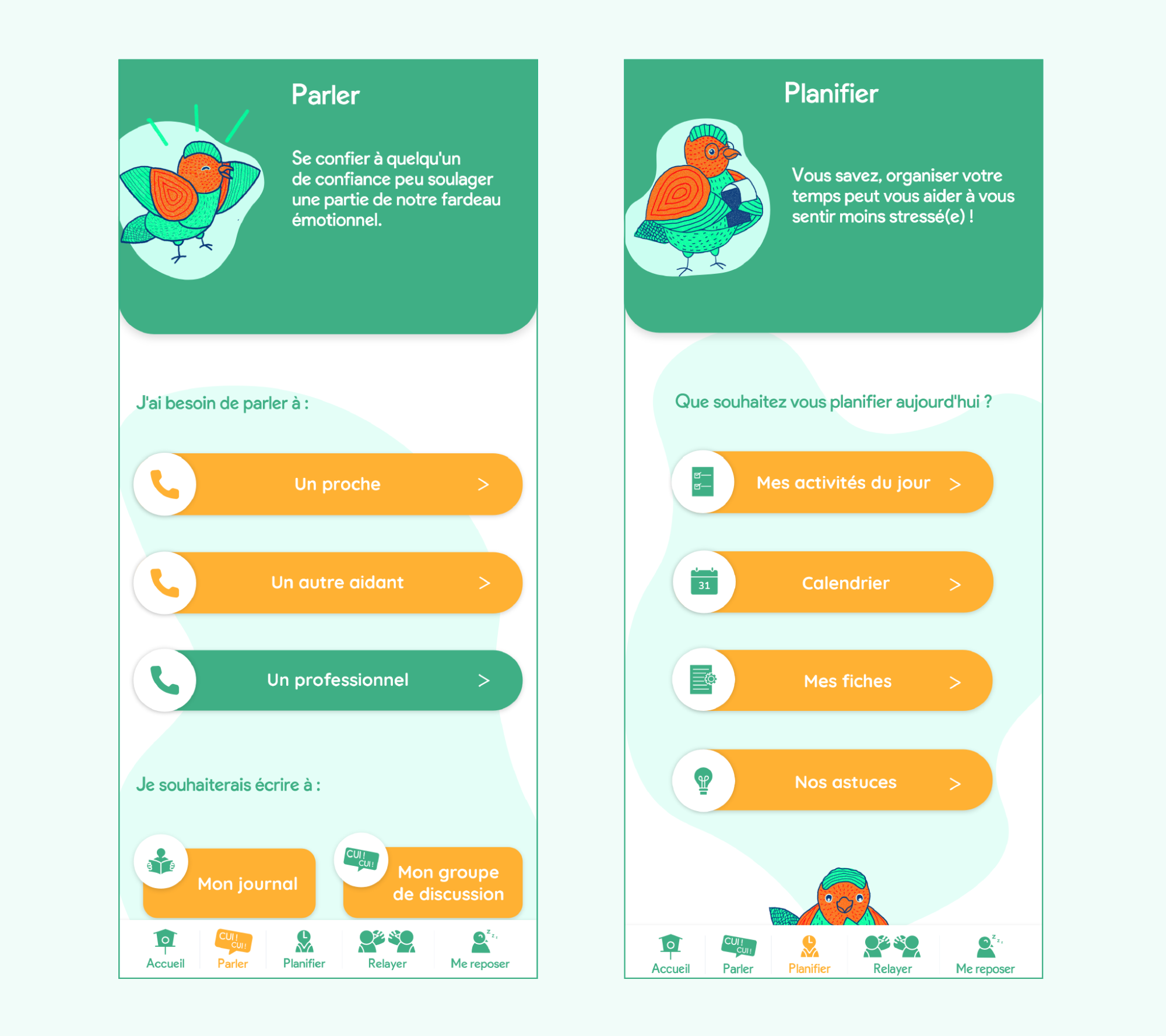 Présentation des écrans ‘Parler’ et ‘Planifier’ de l’application ‘Les Inséparables’, conçue pour soutenir les aidants familiaux.
